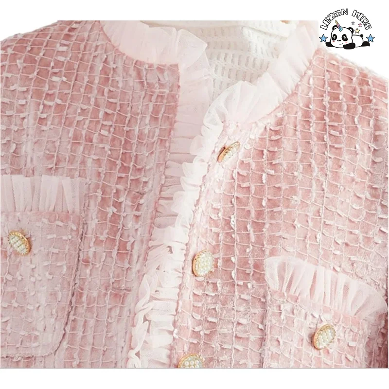 LEZONKIDS - Conjunto de Saia Curta Infantil Champagne Fashion com Malha Bordada e Conjunto de Duas Peças de Veludo Tweed para Meninas